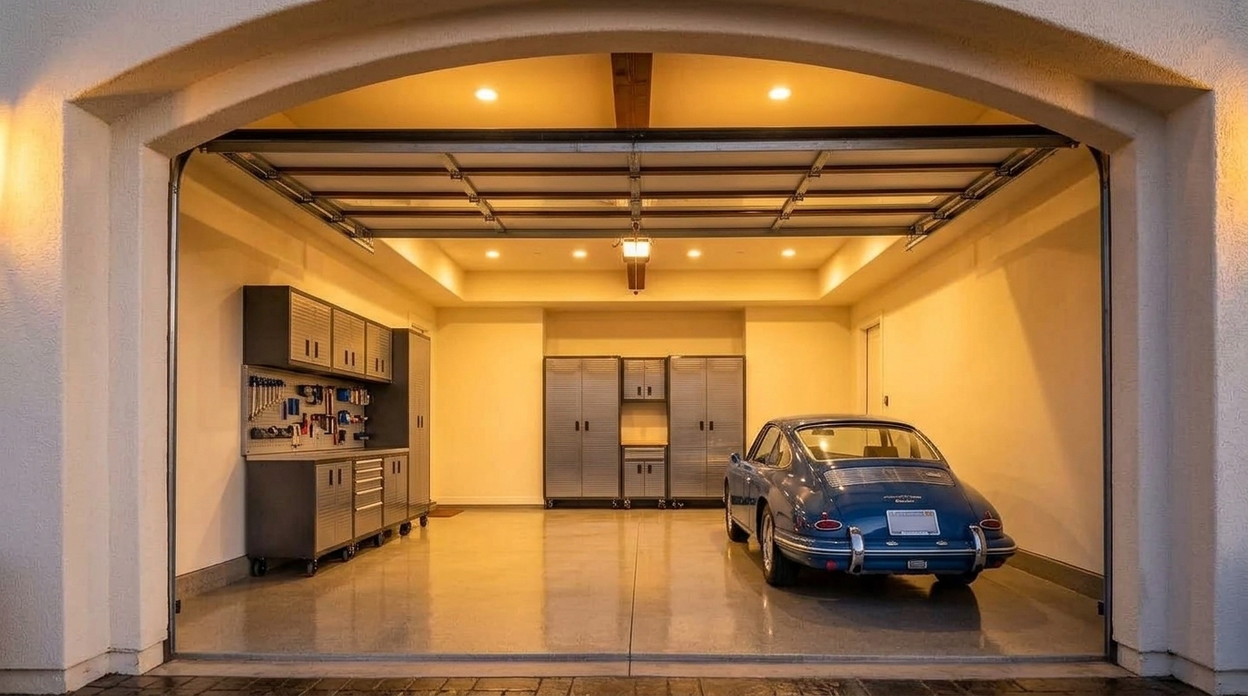 Elk Grove Garage Door Repair Interior View of Custom Garage Door Overhead and Workshop